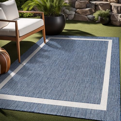 Bordered Outdoor Rug 10x14 Washable Outside Carpet for Indoor Patio Porch Waterproof Easy Cleaning Non Shedding Area Rugs Blue 10 x 14
