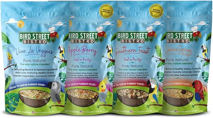 Bird Street Bistro Parrot Food Sample 4 Pack - Parakeet Food - Cockatiel Food - Bird Food - Cooks in 3-15 min w/Natural & Organic Grains - Healthy, Non-GMO Fruits, Healthy Orientated Spices