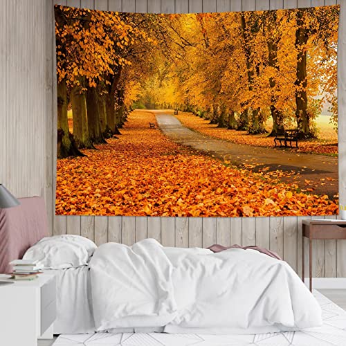 Fall Maple Forest Tapestry Natural Landscape Autumn Maple Tree with Vintage Road Fall Wall Hanging for Bedroom Living Room Dorm Home Party Decor 92.5x70.9 Inch