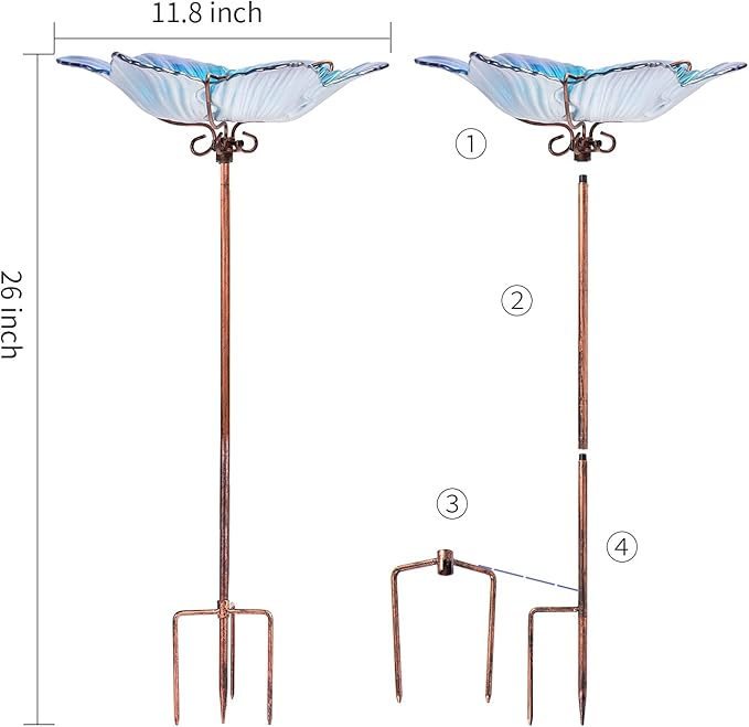 Outdoor Bird Bath Glass Birdbath Garden Birdfeeder with Metal Stake Blue(Height:26inch)