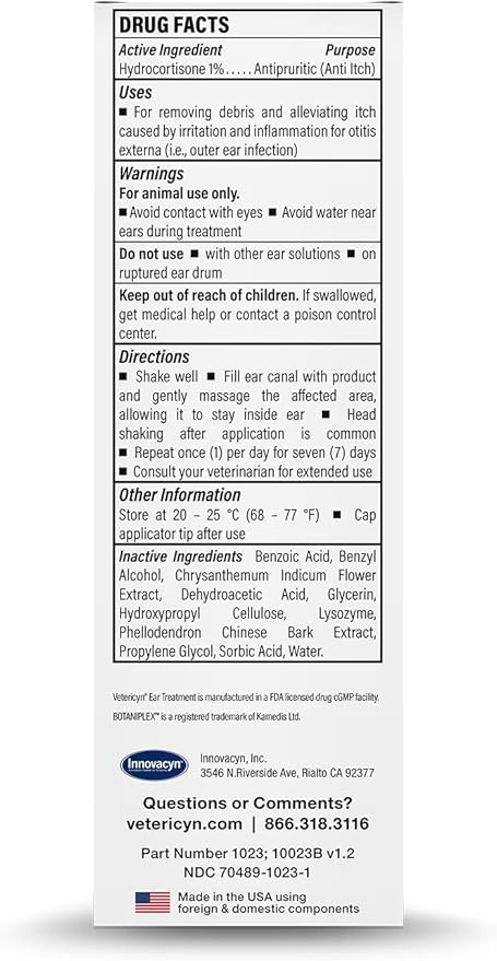 Vetericyn Triple-Action Ear Treatment for Dogs & Cats - 1% Hydrocortisone Ear Drops for Dog Ear Infection Relief - Fast Itch Relief & Healing with Otizyme Blend. 1.5 Ounce