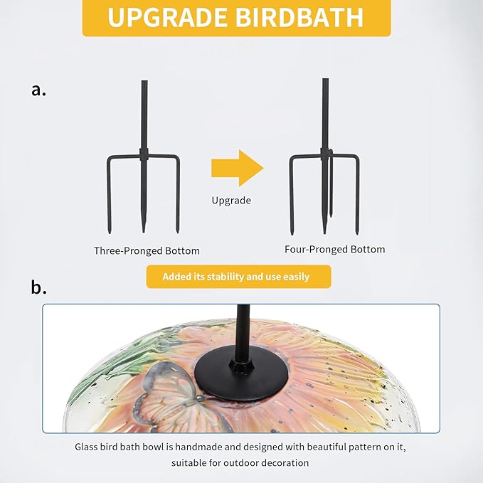 MUMTOP Bird Baths for Outdoors, Glass Birdbath Birdfeeder Bowl with Metal Stake for Outside Garden Yard Lawn Sunflower Butterfly Decor