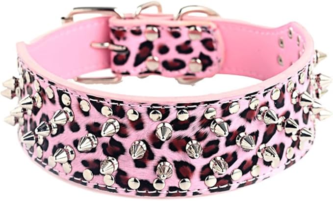 Serijoars Spiked Studded Dog Collar, PU Leather Dog Collar, Adjustable Pet Collars for Medium or Large Breed Pet (L, Leopard)