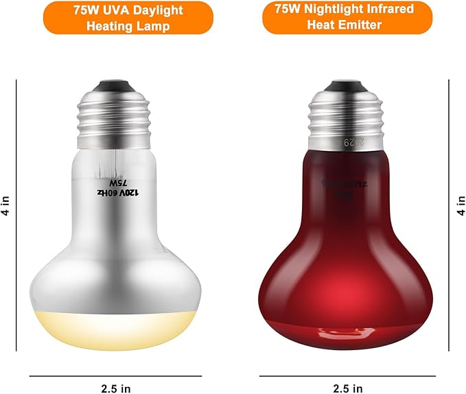 DXOPHIEX 2 Pack 75W Reptile Heat Lamp Bulbs Reptile Heat Bulbs, UVA Basking Bulb and Infrared Light Bulb Combo, Basking Light for Bearded Dragon, Turtles, Snake and Lizard