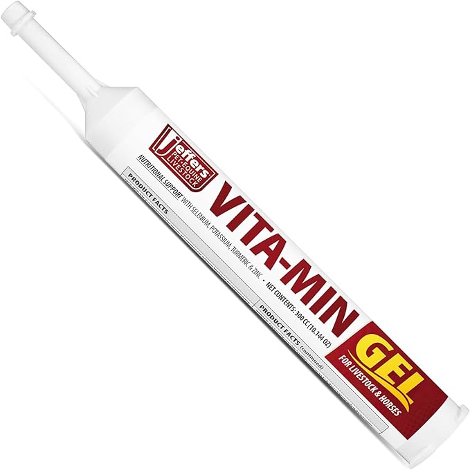 Jeffers Vita-Min Gel for Livestock & Horses – Multivitamin & Mineral Supplement with Selenium, Zinc, Potassium & Turmeric – Easy Oral Gel for Cattle, Goats, Sheep & Pig – 300 cc Tube