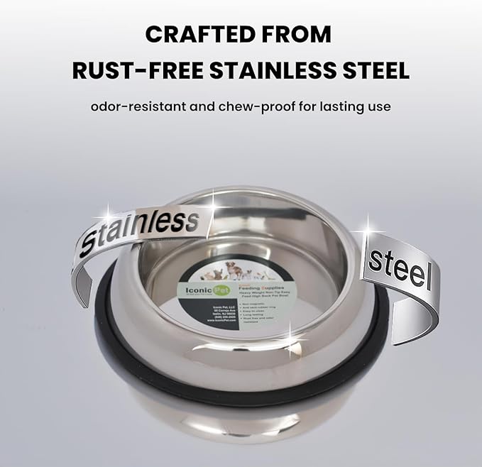 ICONIC PET 4 Cup/32 Oz Heavy Weight Non-Skid Stainless Steel High Back Pet Food/Water Bowls with Removable Anti Skid Rubber Ring - Dog/Cat Feeding Bowl in Unique Design, Dishwasher Safe