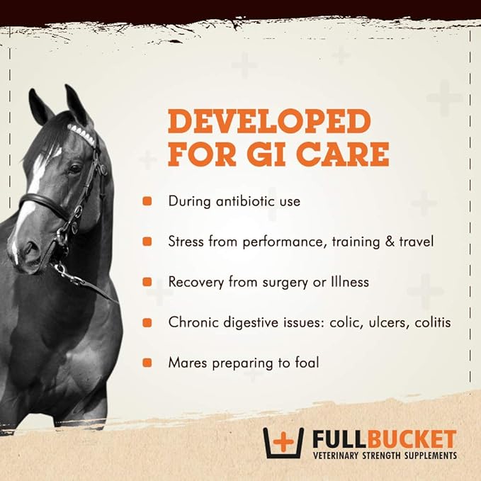 FullBucket Equine Probiotic Pellets with Saccharomyces boulardii for Horses Under High Stress or for Horses with Ongoing Digestive Issues; 20x More Concentrated and 50 Billion CFUs - 30 Servings