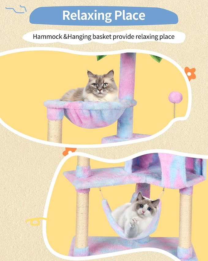 KIYUMI Cat Tree Cat Tower Condo with Sisal Scratching Post for Indoor Cats Tree Furniture with Hammock Perch and Kitten Ball Toys, Multi-Level Pet Activity Center (Rainbow)