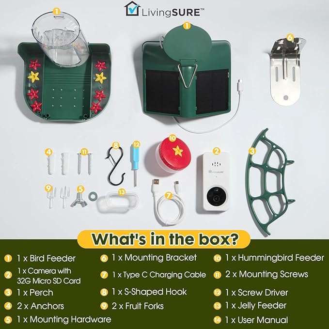 LivingSURE 2-in-1 Smart Bird Feeder with Camera Outdoor Solar Powered Smart Birdfeeder Live Stream Video Camera with AI Recognition for Outside Wild Birds Garden Decor - Bird Lover Gifts