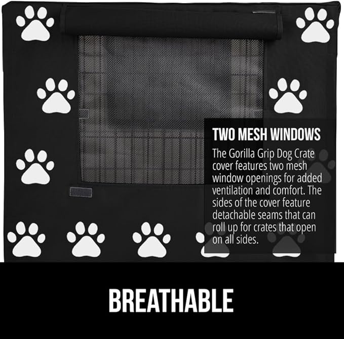 GORILLA GRIP Dog Crate Covers Compatible with Amazon Basics Crates, All Sides Open, Privacy Cover Fits 42" Wire Kennel, Breathable Mesh Windows, Light Reducing Puppy Training Cage Topper, Black Paw