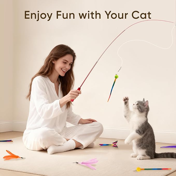 Cat Toys for Indoor Cats, 13 Packs Interactive Cat Wand Toy Set with Feather＆Ribbon Refills, Feather Toys for Exercise, Playtime and Boredom Relief with Kitten