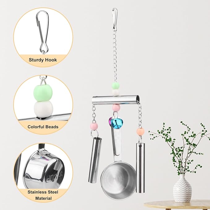 Hypeety Stainless Steel Bird Bell Toys Heavy Duty Hanging Spoons Rings Safe Metal Cage Hanging Bells Toy for Cockatoos Macaws African Grey Large Parrots and Birds (Bells+Spoon)