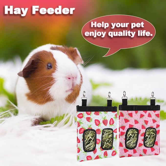 DZWLKJ Guinea Pig Hay Feeder, 2 Pack, 11 x 9 x 1 Inches, Rabbit Hay Feeder Bag, Stainless Steel, 600D Oxford, Watermelon and Strawberry