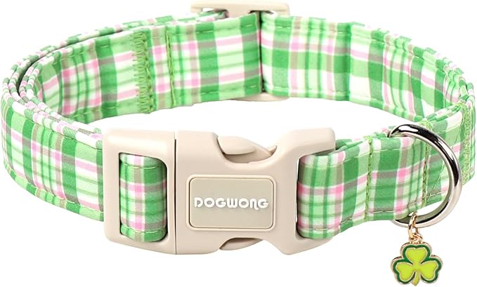 DOGWONG Pink Plaid Adjustable Pet Collar Comfortable Spring Summer Puppy Collar Cute Cotton Collars Durable Necklace Gift for Small Dogs,M