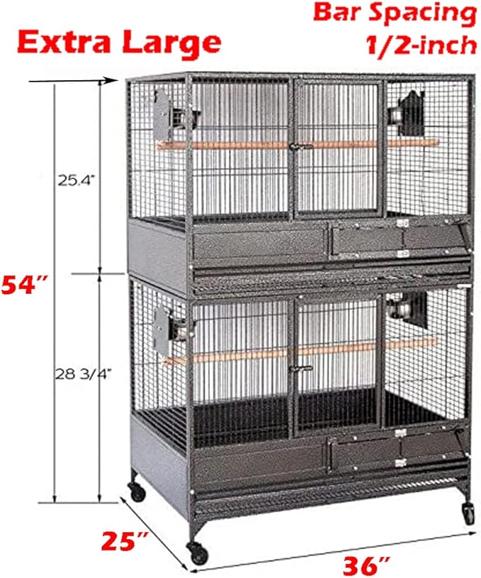 Extra Large Stackers Heavy Duty Wrought Iron Breeder Parrot Aviary Bird Breeding Rolling Cage with Side Nest Box Doors Metal Pull Out Grate and Tray