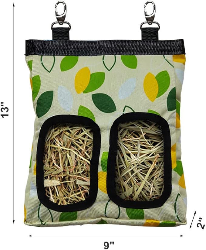 Guinea Pig Hay Feeder, Hanging Rabbit Hay Feeder Bag for Guinea Pigs Bunnies Chinchillas. M, Green Leaves