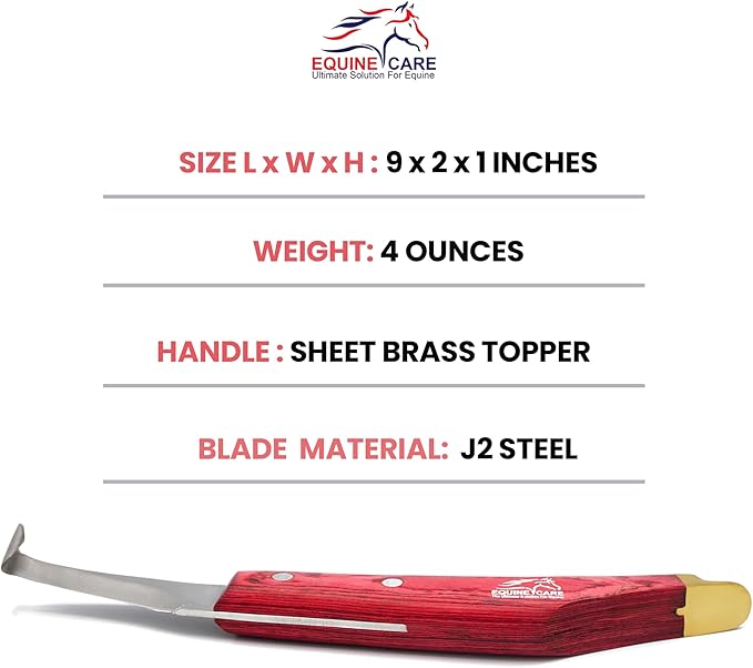 Equine Care Hoof Knife - J2 Japanese Steel Blade with Hoof Pick, Brass Topper Sheet Handle - Farrier Tool for Horse & Cow Hoof Care, Shoeing, Trimming, and Supplies. (Right-Handed)