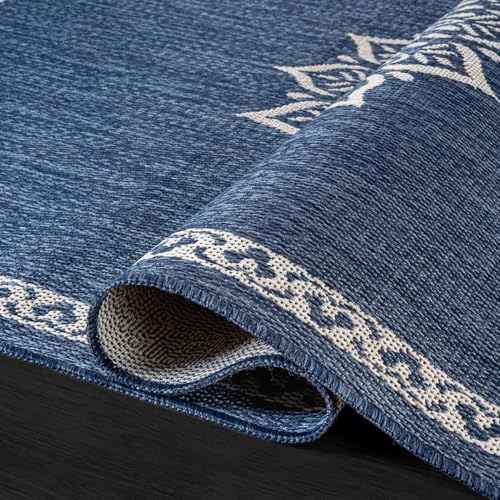 Outdoor Rug 5x7 Medallion Blue Modern Area Rugs for Indoor and Outdoor Patios Kitchen and Hallway Mats Washable Porch Deck Outside Carpet (35 Sq Ft)