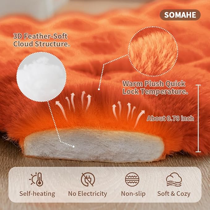 Self-Warming Dog Bed, Plush Faux Fur Mat with Anti-Slip Bottom, Ultra Soft Heated Pet Bed for Medium Large Dogs, Cozy Fluffy Pad for Carriers Couch Crate, Machine Washable, 35 x 27 Inch Orange