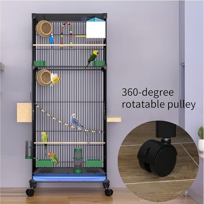 39.4-Inch Rolling Metal Bird Cage with Stand, Includes Grass Nest - Spacious Parrot Home for Budgies, Lovebirds, Canaries (Black)