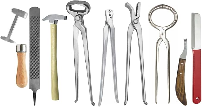 Horse Farrier Tool Kit – 9 Piece Complete Hoof Care Set with Hoof Nippers, Hoof Knife, Rasp, Clincher, Puller, Hammer & Grooming Tools – Professional Equine Hoof Trimming & Shoeing Kit for Farriers