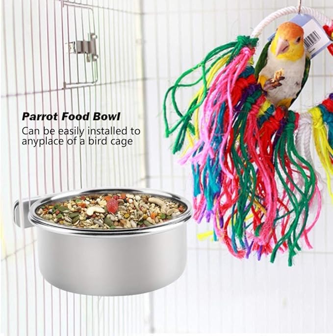 PINVNBY 2PCS Parrot Feeding Cups Birds Food Dish Stainless Steel Parrot Feeders Water Cage Bowls with Clamp Holder for Cockatiel Conure Parakeet Macaw Small Animal (Size: L)