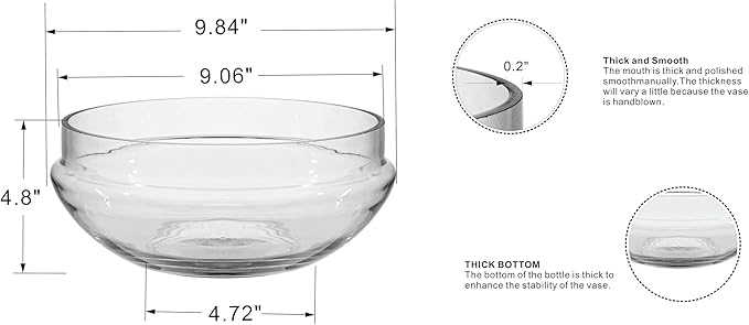 Glass Serving Bowl, 10 Inch Round Clear Crystal Display Bowl for Fruit, Salad, Decorative Centerpiece (9.8"x4.8")