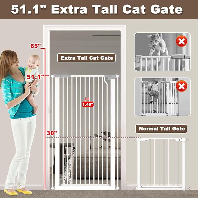 Fairy Baby 51.18" Extra Tall Baby Gates for Doorways, 29.5"-48.4" Extra Wide Safety Child Gates for Cats Dogs, Metal Auto Close Stair Gates Indoor for Kid or Pets No Drilling Pressure Mount Kit, White