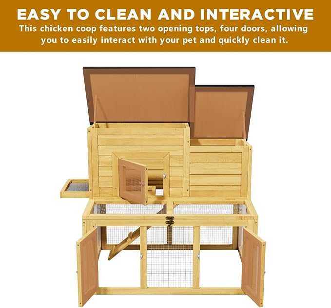 Outdoor Chicken coops for 2-4 Chickens Wooden with Waterproof Asphalt Roof, Ramp, and Multiple Doors Openable Top Pull-Out Tray Suitable for Outdoor Backyard (Yellow-Brown)