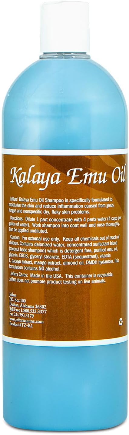 Jeffers Equine Kalaya Emu Oil Shampoo – Moisturizing Concentrated Horse Shampoo with Emu Oil, Oatmeal & Aloe Vera, Gentle Formula for Grooming & Soft Coat Care – 32 oz Bottle