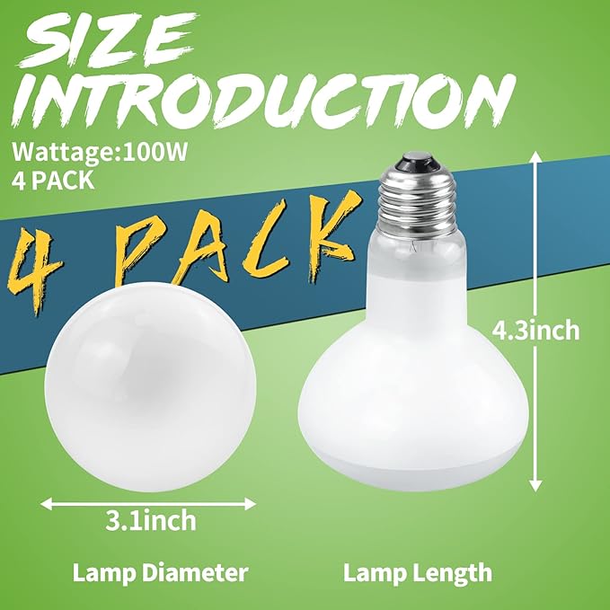 LUCKY HERP 4 Pack 100W Reptile Heat Lamp Bulb (2nd Gen), Amphibian Basking Light Bulb, Reptile Daylight Bulb for Turtle, Bearded Dragon, Lizard Heating Use