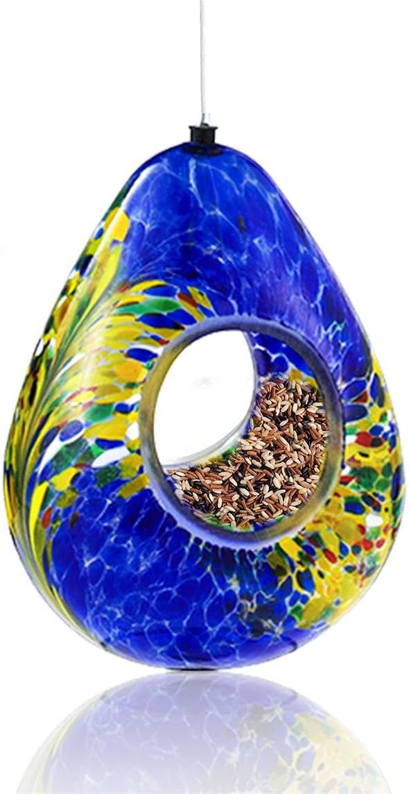 VOREEN Glass Bird Feeder, Fly Through Bird Feeders for Outdoor Hanging, Handmade Glass Wild Bird Feeder, for Garden, Yard, Backyard, Deck and Porch Decor, Gift for Mom Wife Friend, Blue Teardrop