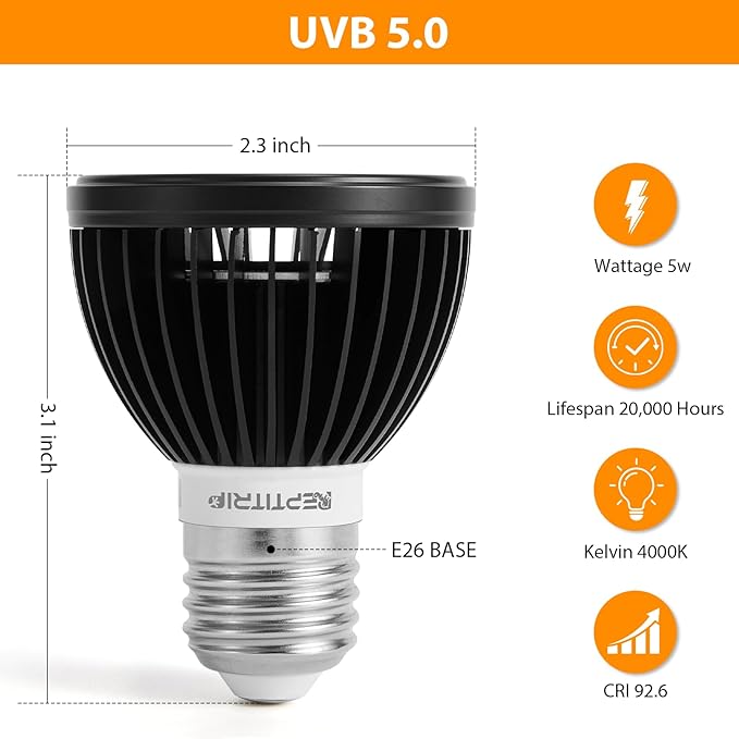UVB Light for Reptiles, UVB Bulb 5W 5.0 UVB LED Lamp, Reptile Light Bulb, Provide Sufficient UVB Exposure for Tropical Spices-Not Heat Lamp