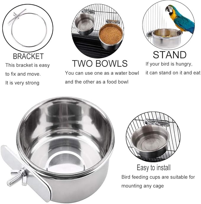 PINVNBY 2PCS Parrot Feeding Cups Birds Food Dish Stainless Steel Parrot Feeders Water Cage Bowls with Clamp Holder for Cockatiel Conure Parakeet Parrot Macaw Small Animal (Size: M)