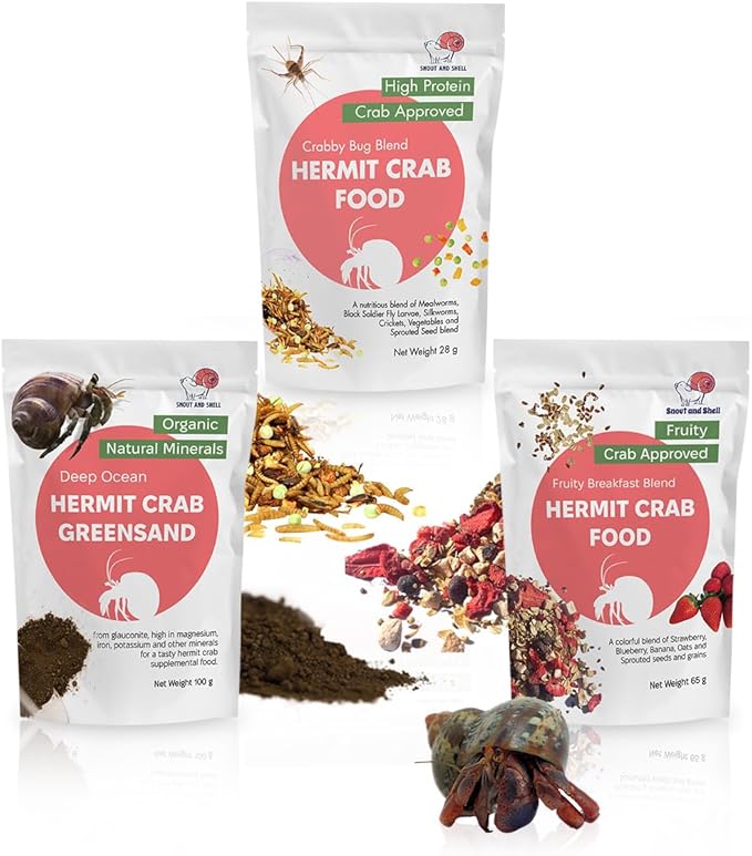 Snout and Shell Hermit Crab Food Bundle – Fruity Breakfast Blend, Crabby Bug Blend & Greensand – Organic, High Protein, Natural Minerals – Complete Nutrition for Healthy Shell Growth & Vitality