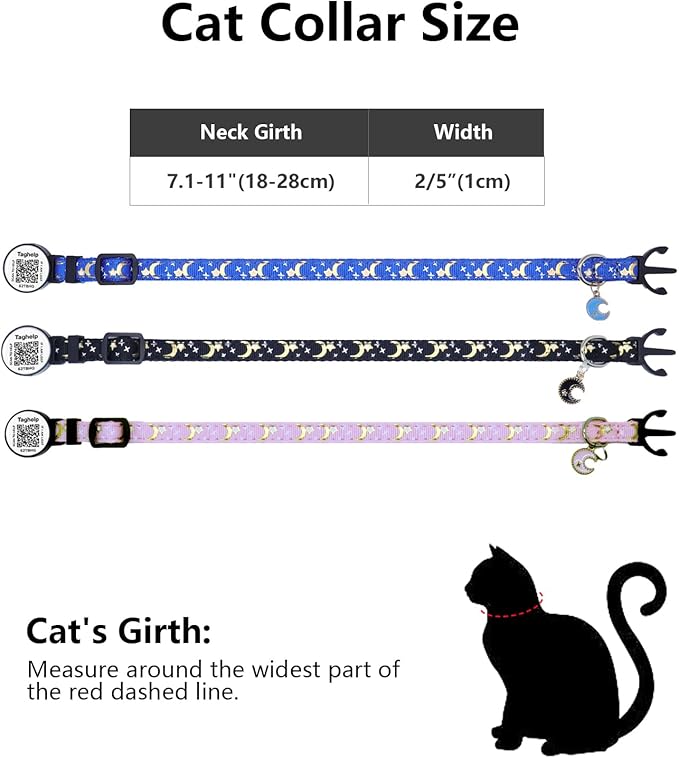 Upgraded Smart Cat Collar: Real-Time Scan Alerts & Shareable Pet Profile, Breakaway Safety Collar with QR Code ID Tag - Stars & Moon Design, No Monthly Fee (Black)