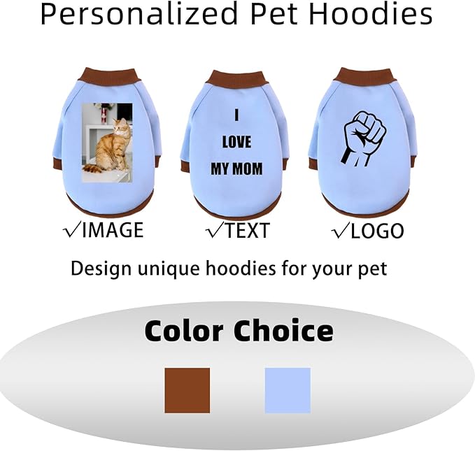 Custom Dog Hoodie, Personalized Sweatshirt with Photo Text Name Logo, Customized Hooded Sweater for Small Medium Large Dogs & Cats (Blue + Brown Border, Small)