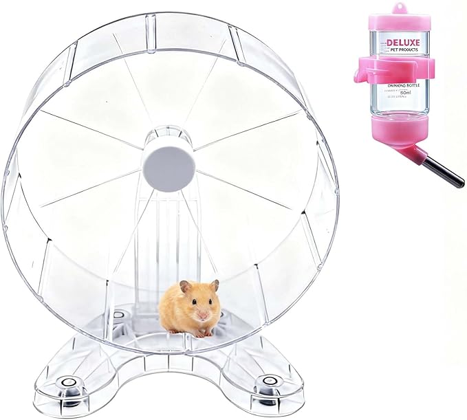 8.7" Super Silent Hamster Wheel with Stand & Water Bottle – Ultra Quiet Exercise Running Wheel for Gerbils, Syrian & Dwarf Hamsters, Chinchillas, Small Pets – Noiseless Spinning Design, Clear