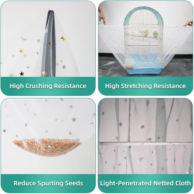 Bird Cage Seed Catcher, Seed Catcher Guard Net Cover, Parrot Nylon Mesh Net Cover, Universal Soft Airy Cage Net Stretchy Skirt for Round Square Cages (Star-White, 15.7" x87")