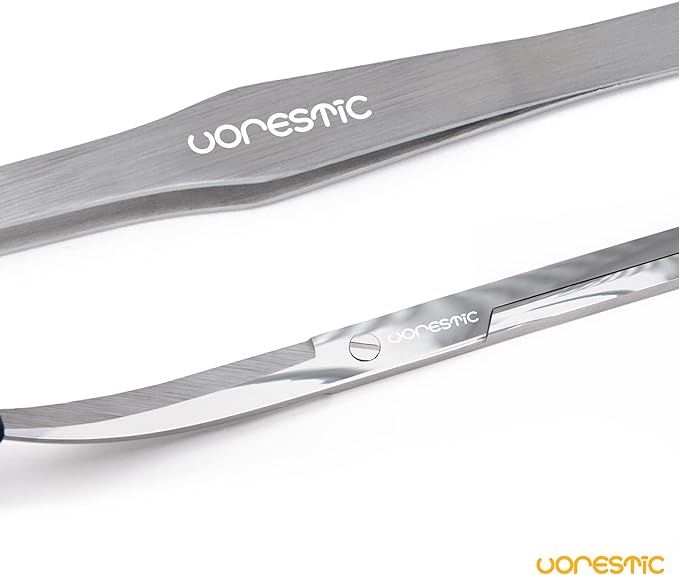 VORESTIC 2PCS 15" Curved Aquarium Tweezers Long and 9.8" Aquarium Scissors, Feeding Tongs and Scissors with Protective Cap, Stainless Steel Aquascaping Tools for Plant Trimming and Reptile Feeding