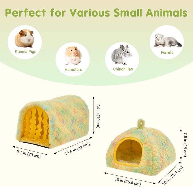 Avont 2 Pack Guinea Pig Hideout Bed and Tunnel Toys Set with Curtain, Washable Soft Plush Bunny Hideaway House Tube Cage Accessories for Small Animal Pet, Rabbits Chinchilla Hamster Ferret Rat -Yellow