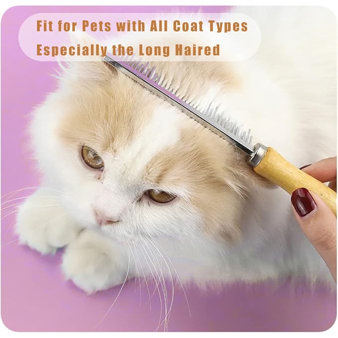 Dog Cat Grooming Comb with Wooden Handle Stainless Steel Teeth, Pet Grooming Supplies Accessories for Hairy Pets (Dual Teeth)