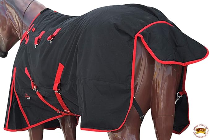 HILASON Black with Red Trims 82 inch 1200D Winter Waterproof Poly Horse Turnout Blanket Belly Wrap