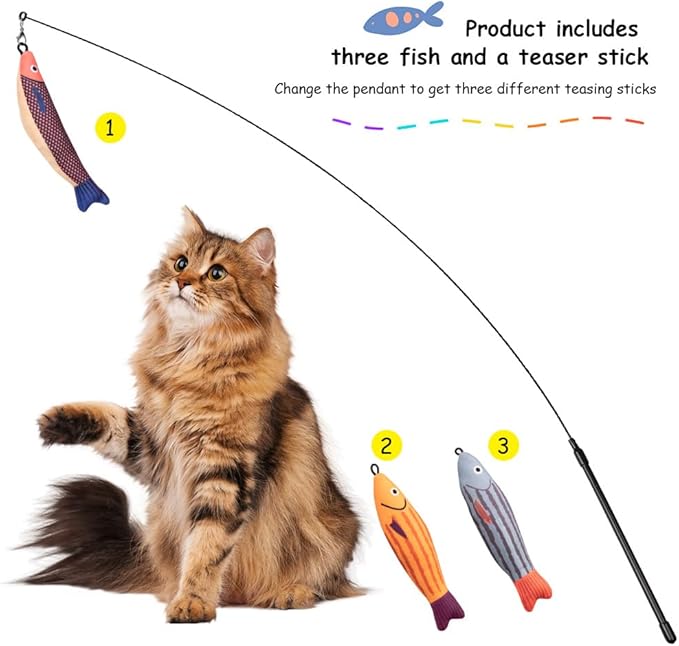 PAZ'S GIFT Cat Wand Toys, Catnip Fish 3 Piece Catnip wzggle Sounding Toy, Soft and Durable, Interactive cat Kick Toys for Indoor Play