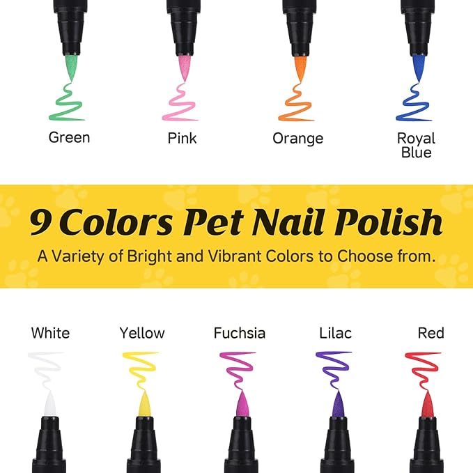 Dog Nail Polish Pens Quick Dry,9 Colors Safe Dog Nail Polish Set to DIY Pretty Nails, Ideal Gifts for Dogs Cats Light Dark Nails, Odorless, Non-Toxic, Water-Based Pet Nail Accessories Set