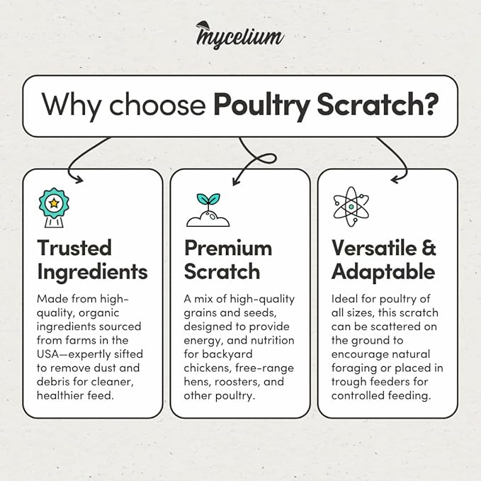 Mycelium Poultry Feed (5 LB Bag) | Organic 3-Grain Scratch for Chickens, Hens, Ducks & Backyard Flocks | High-Energy Daily Nutrition | Cracked Corn, Wheat & Milo | Non-GMO, Made in USA