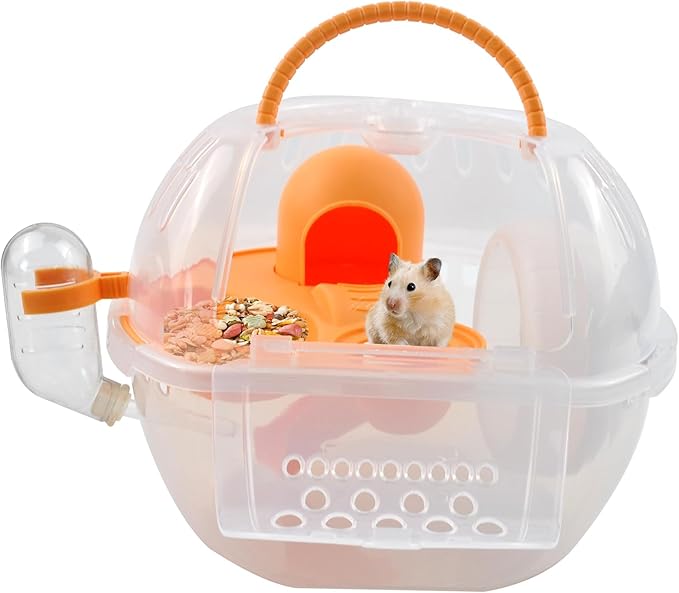 Hamster Transport Carrier,2 Tiers Dwarf Hamster Cage Carrier Breathable Small Animal Travel Carry Case with Silent Exercise Wheels Water Bottle Food Dish for Mice Rat(Orange)