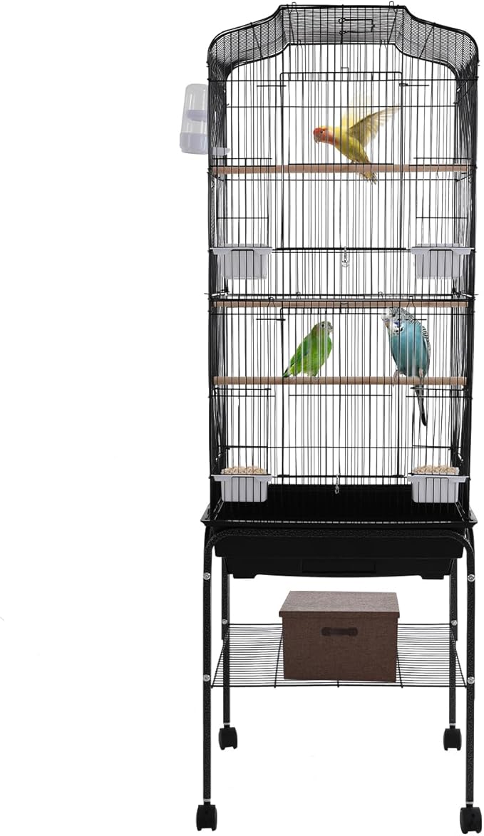 Large Bird Cage with Wheels Parrot Cages for Large Birds Iron Bird Cage with Stand Outdoor Birdcages with Tray, Feeding Bowls & Waterer Big Bird Cages for Parakeets, Lovebird & Pigeon (Black)