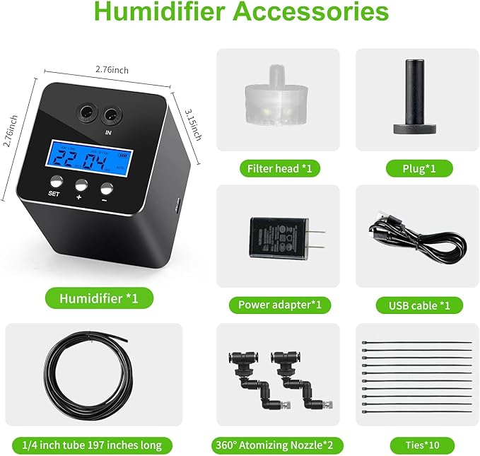 reptile humidifier, LCD with timing function, time length and interval can be set, reptile mister system with 2 spray nozzles, misting system for reptiles of amphibians, tanks, Paludarium