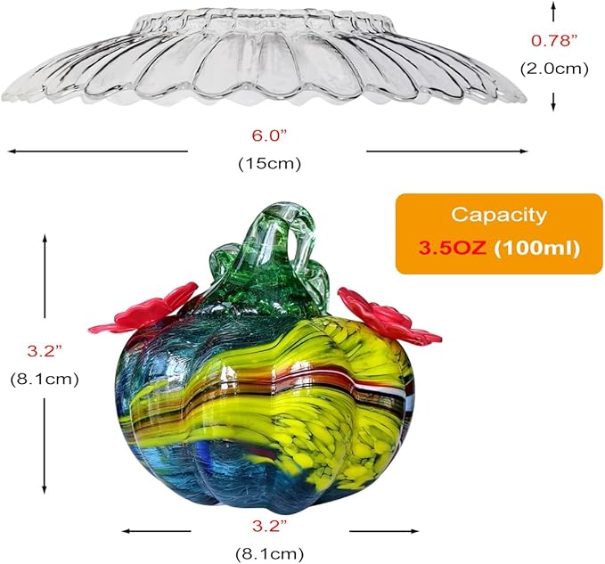 Small Glass Hummingbird Feeders for Outdoors Hanging + Rain Cover - Hand Blown Glass Pumpkin Nectar Feeding, 2 Flowers Feeding Ports, Decor for Garden/Backyard Outside, Multi Color